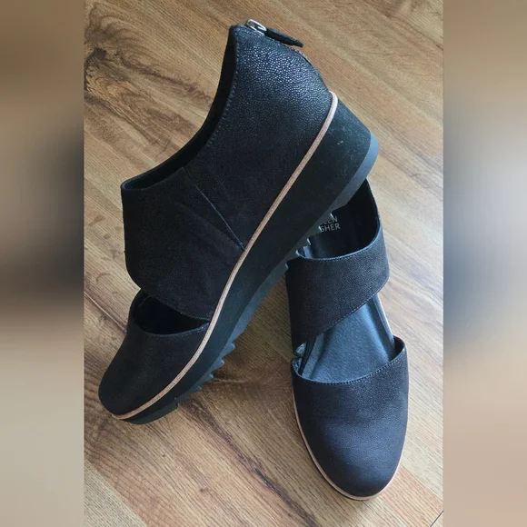 Eileen Fisher Black Match Cutout Demi Wedge Oxford Suede Leather Women's 11 - Picture 1 of 10